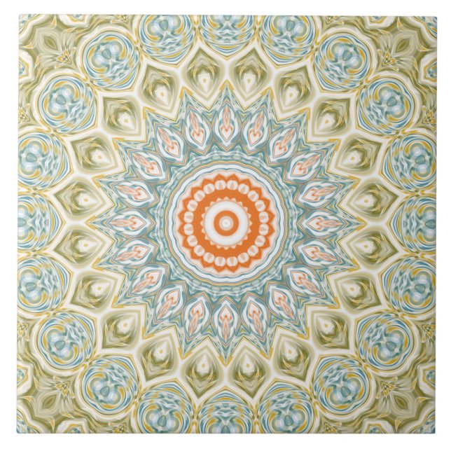 Orange and Teal Mandala Pattern with Gold Accents Ceramic Tile (Front)