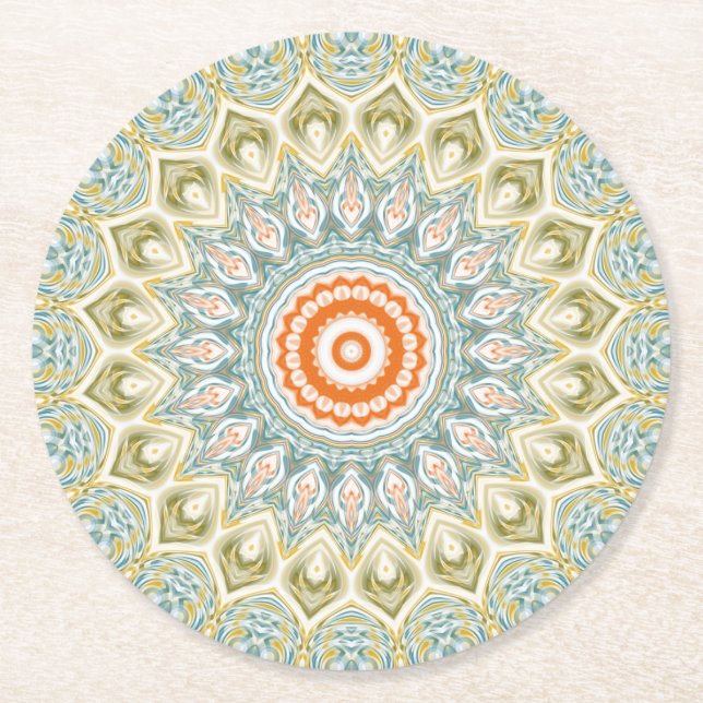 Orange and Teal Mandala Pattern with Gold Accents Round Paper Coaster (Front)