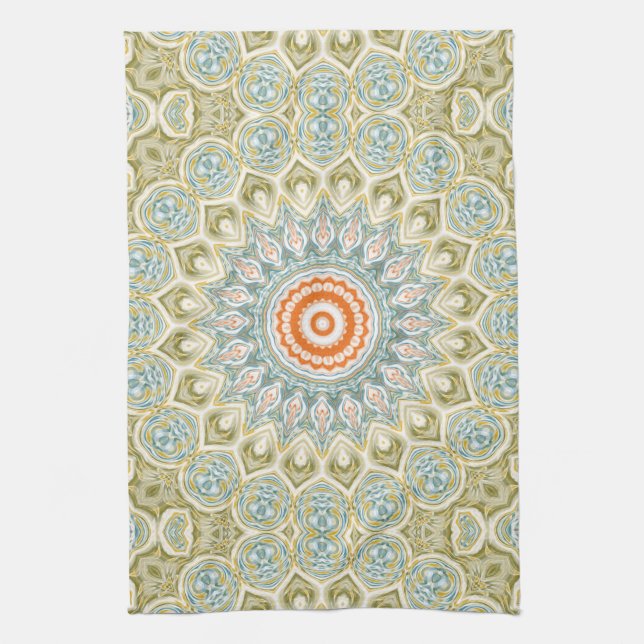 Orange and Teal Mandala Pattern with Gold Accents Tea Towel (Vertical)
