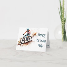 orange and teal MTB cyclist Birthday Card