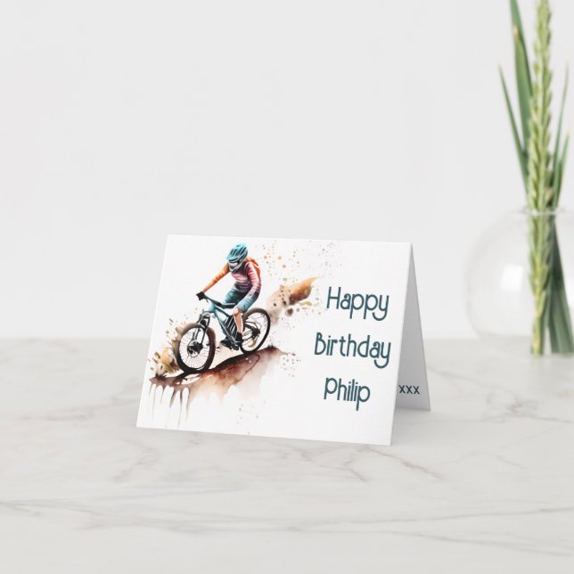 orange and teal MTB cyclist Birthday Card (Front)