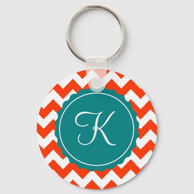 Orange and Teal Zig Zag Custom Initial Key Ring (Front)