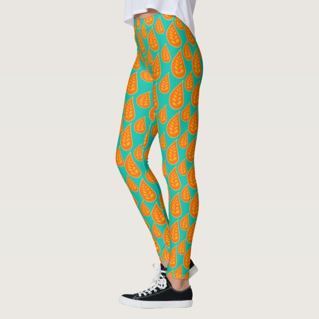 Orange And Tel-green Abstracts Leafs Pattern Leggings (Left)