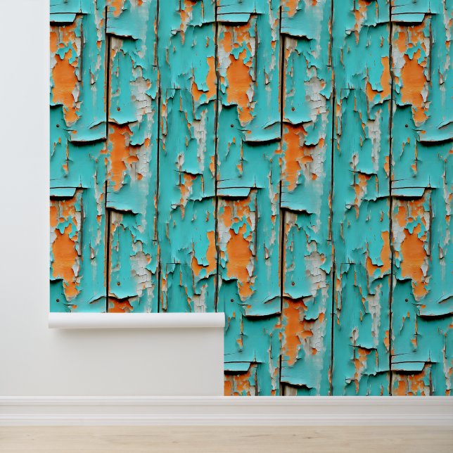 Orange and Turquoise Blue Weathered Wood Wallpaper (Application)