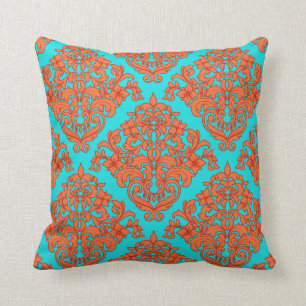 Orange and Turquoise Damask Cushion