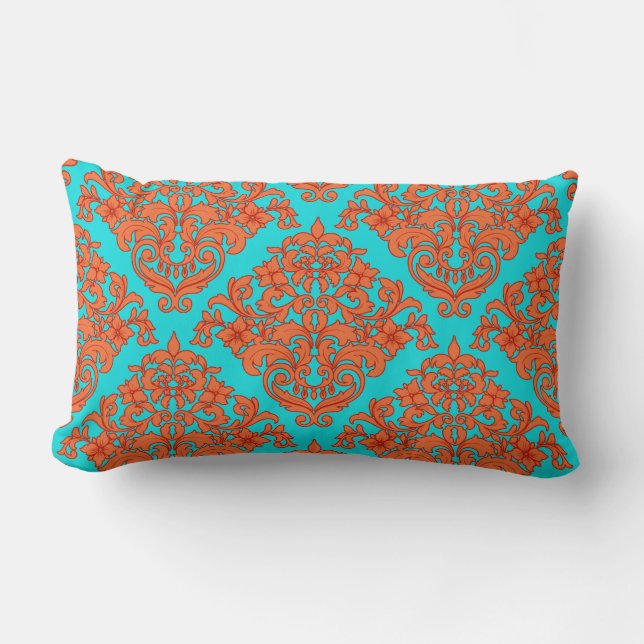 Orange and Turquoise Damask Lumbar Cushion (Front)