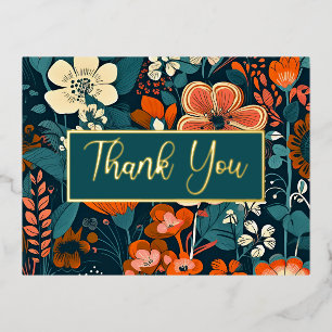 Orange and Turquoise Floral Foil Thank You Invitation Postcard