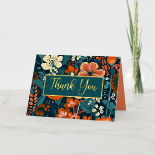 Orange and Turquoise Floral Folded Thank You Foil Greeting Card