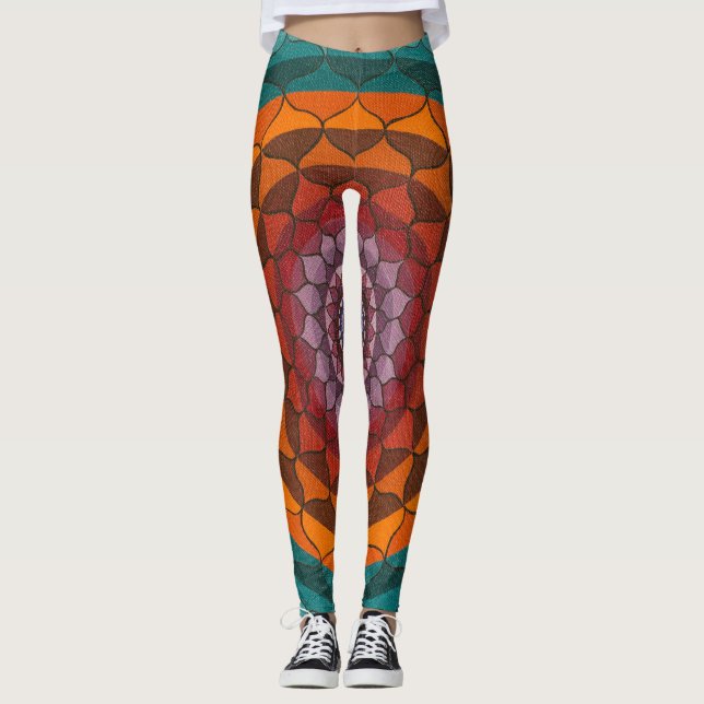 Orange and Turquoise Lotus Mandala Leggings (Front)