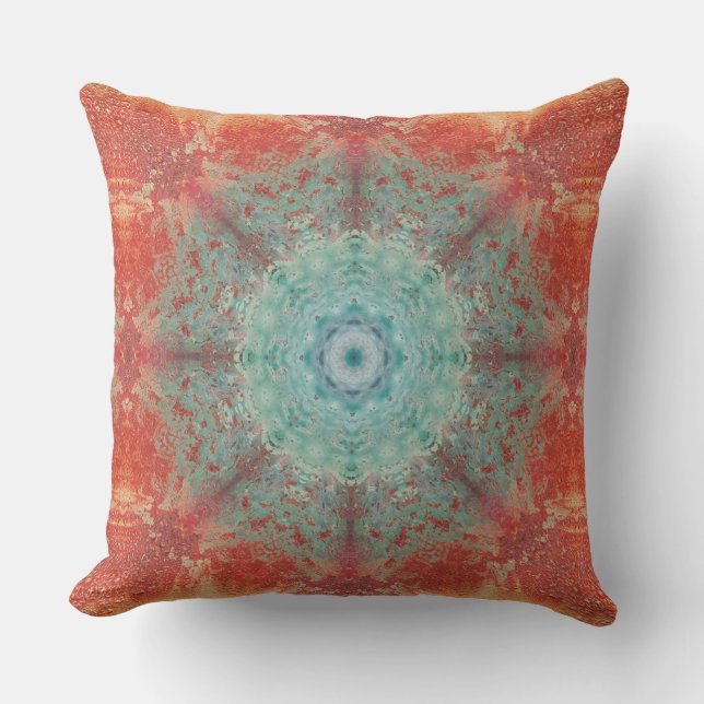 Orange and Turquoise Mandala Intricate Abstract Cushion (Front)