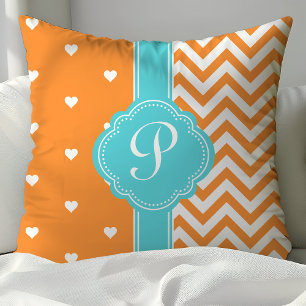 Orange and Turquoise Monogram Hearts and Chevron Cushion