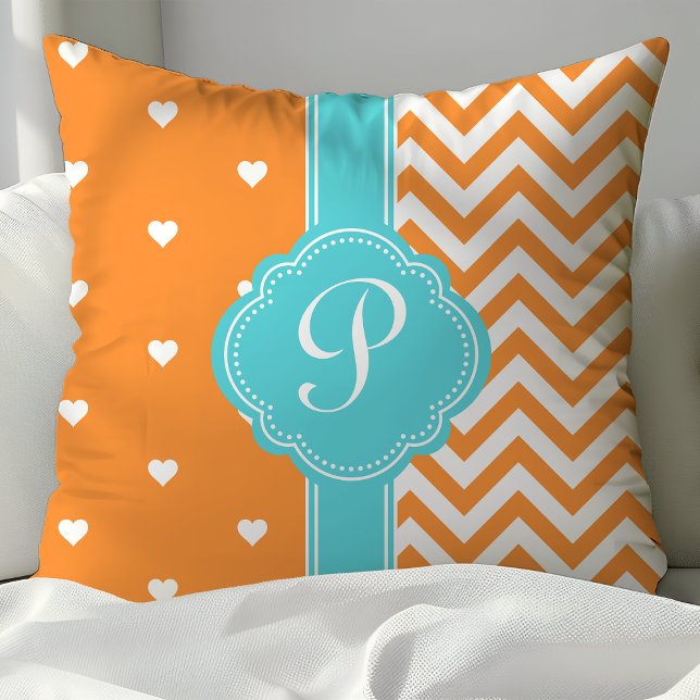 Orange and Turquoise Monogram Hearts and Chevron Cushion (Creator Uploaded)