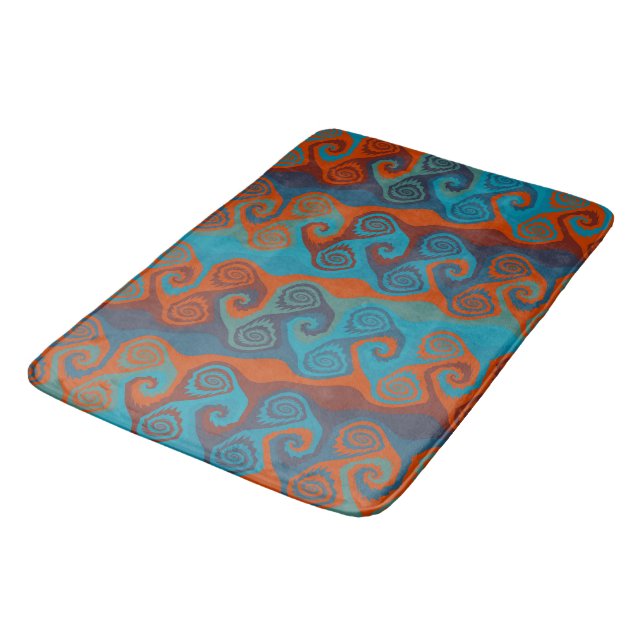 Orange and Turquoise Swirl abstract Bath Mat (Angled)