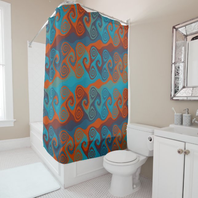Orange and Turquoise Swirl abstract Shower Curtain (In Situ)