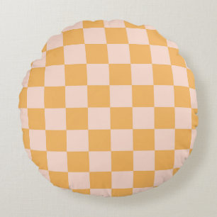 Orange and Unbleached Silk Chequerboard Round Cushion