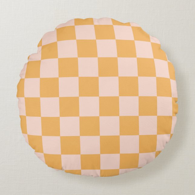 Orange and Unbleached Silk Chequerboard Round Cushion (Front)