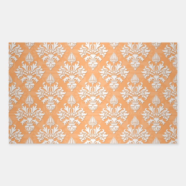 Orange and White Artichoke Damask Floral Pattern Rectangular Sticker (Front)