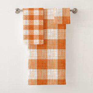 Orange and White Bold Checkered Plaid Design Bath Towel Set