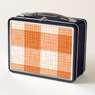 Orange and White Bold Checkered Plaid Design Metal Lunch Box