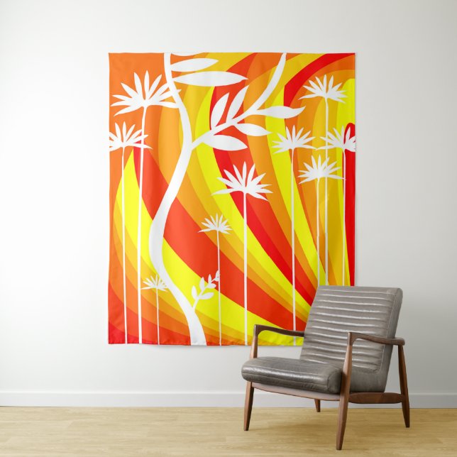 Orange and White Botanical Illustration Tapestry (In Situ)