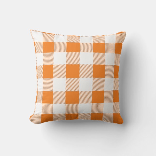 Orange and White Buffalo Check Plaid Rustic Cushion (Front)