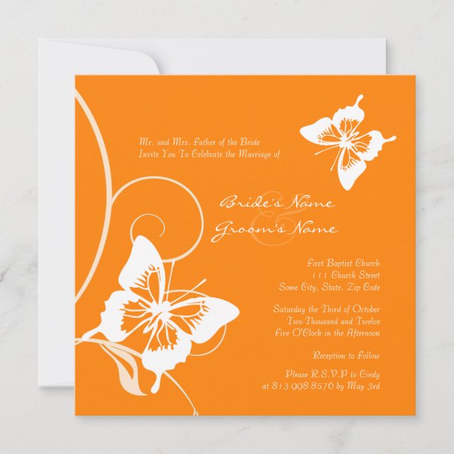 Orange and White Butterfly Wedding Invitation (Front)