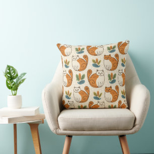Orange and White Cats Naive Art Style Cushion