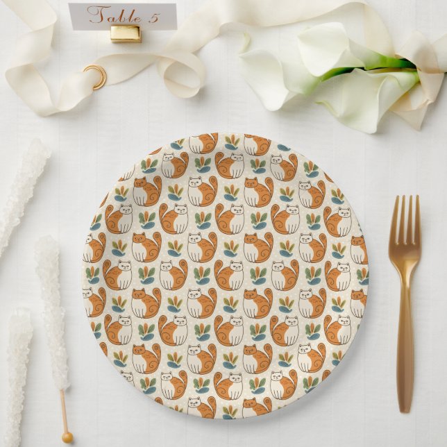 Orange and White Cats Naive Art Style Paper Plate (Wedding)