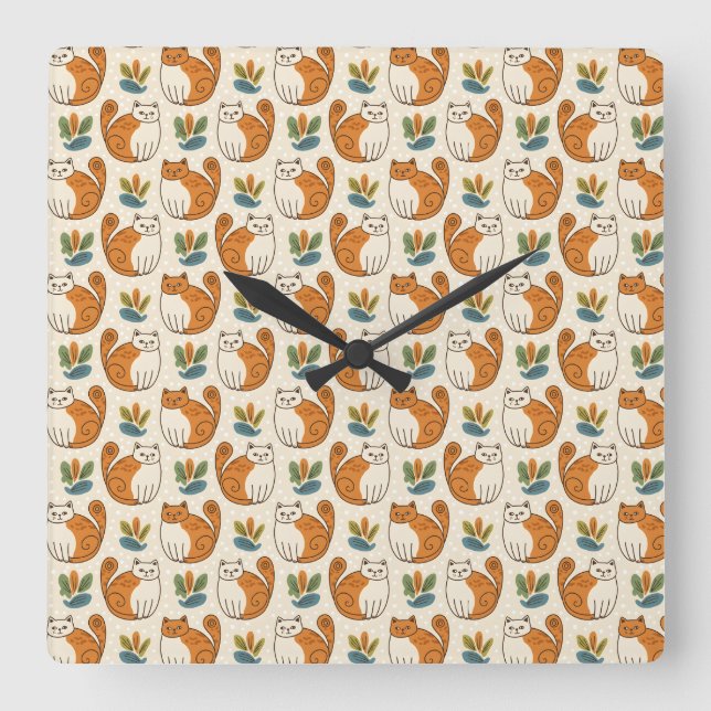 Orange and White Cats Naive Art Style Square Wall Clock (Front)