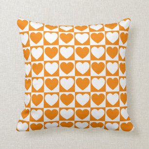 Orange and White Checkered Pattern With Hearts Cushion