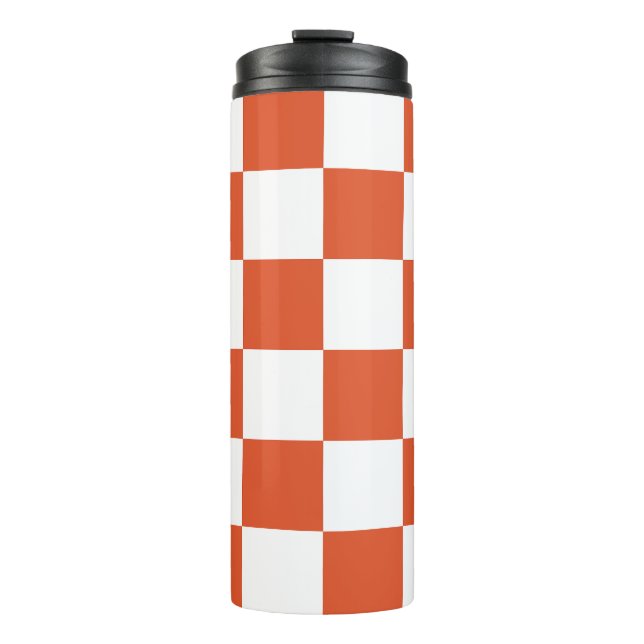 Orange and White Chequerboard Pattern Thermal Tumbler (Front)