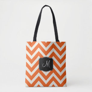 Orange and White Chevron Stripes with Monogram Tote Bag