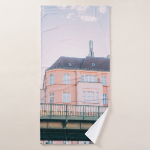 ORANGE AND WHITE CONCRETE BUILDING BATH TOWEL