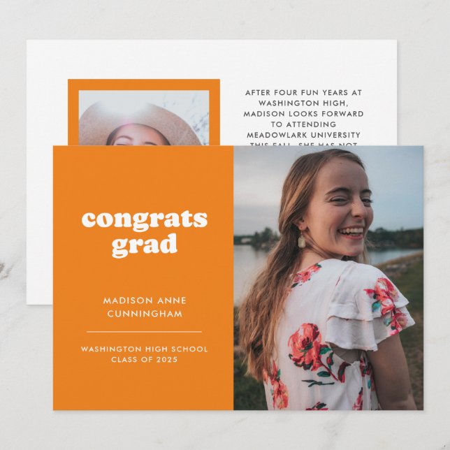 Orange and White Congrats Grad Photo Graduation Announcement (Front/Back)