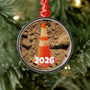 Orange and White Construction Cone, Dirt,  Metal Ornament