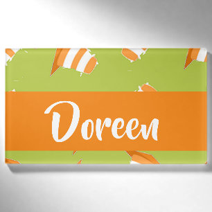 Orange and white contractor cones on green name tag