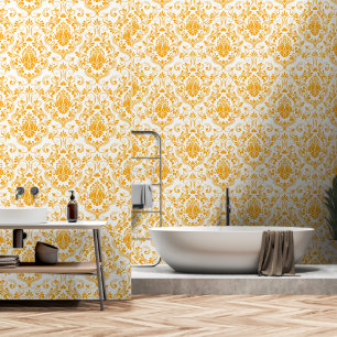 Orange and White Damask Floral peel and stick Wallpaper