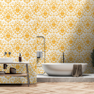 Orange and White Damask Floral peel and stick Wallpaper