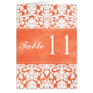 Orange and White Damask Table Number Card