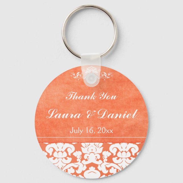 Orange and White Damask Wedding Favour Key Ring (Front)