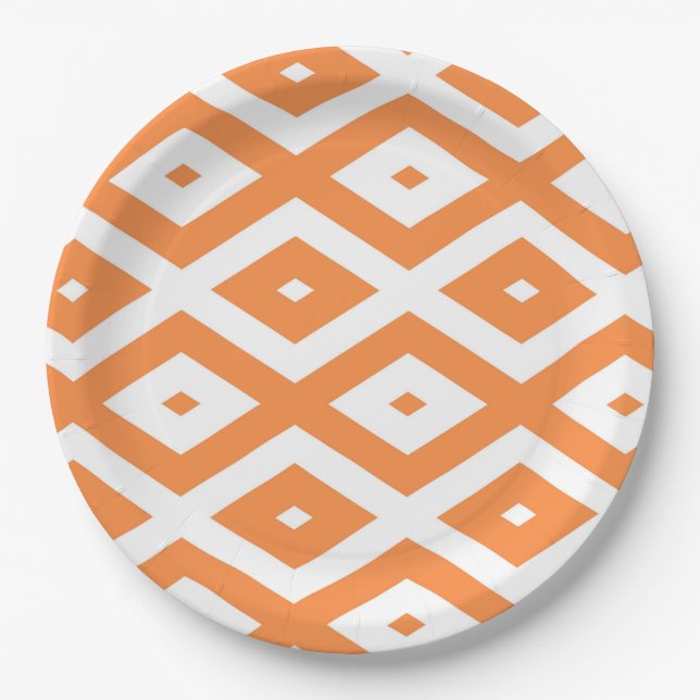 Orange and white diamond pattern paper plate (Front)