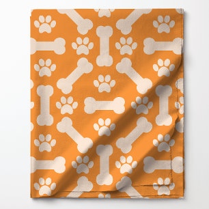 Orange and White Dog Bones and Paw Prints Pattern Fabric