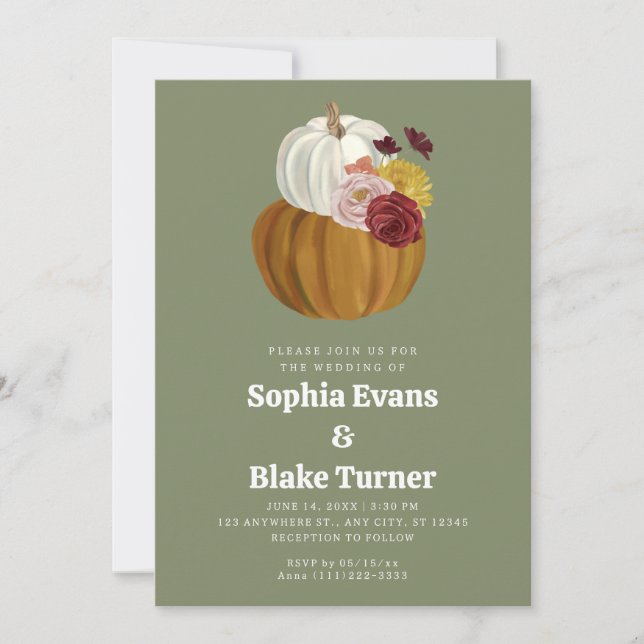 Orange and White Fall Pumpkin Green Wedding Invitation (Front)