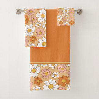 Orange and White Floral Bath Towel Set
