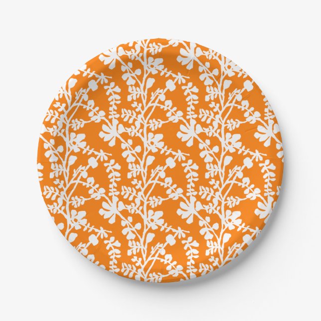Orange And White Floral Repeating Pattern Paper Plate (Front)
