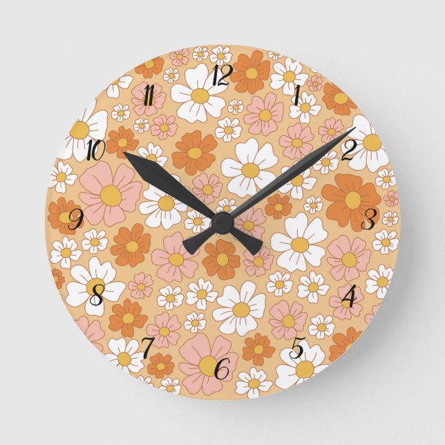 Orange and White Floral Square Wall Clock (Front)