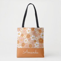 Orange and White Floral Tote Bag