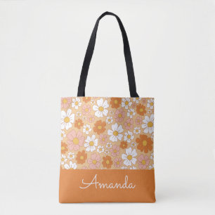 Orange and White Floral Tote Bag