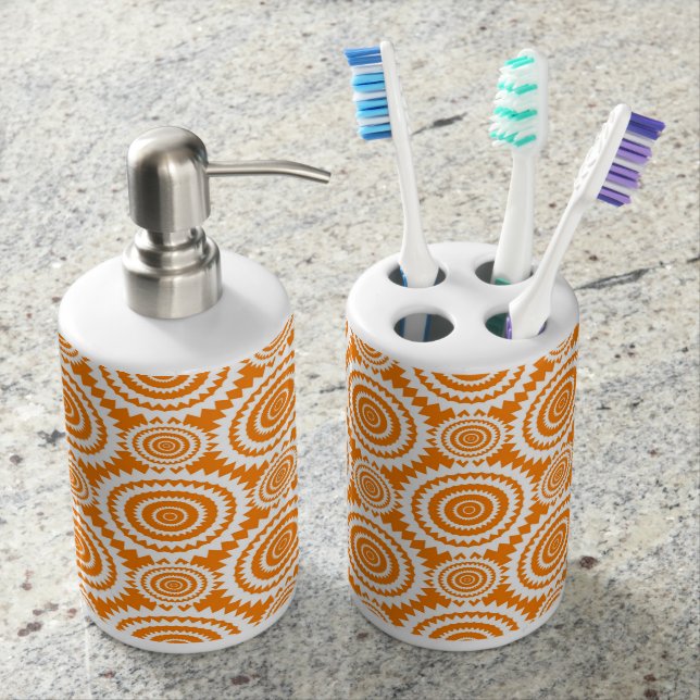 Orange and White Geometric Circles Pattern Soap Dispenser And Toothbrush Holder (Front)