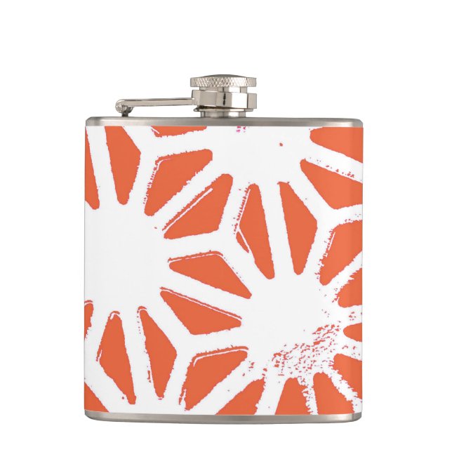 Orange and white geometric pattern hip flask (Front)